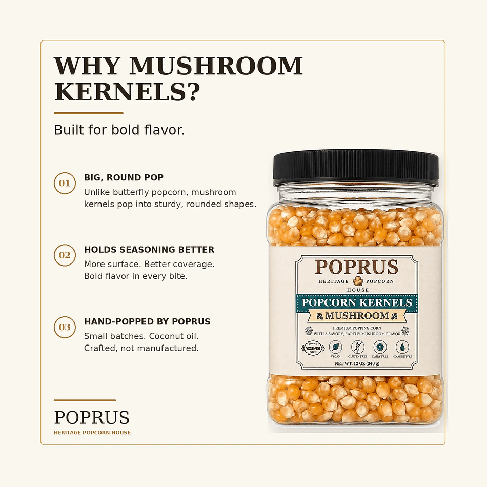 Mushroom Popcorn Kernels, Non-GMO, Kosher Parve, Big Round Pops for Seasoning & Caramel Corn, 12 oz