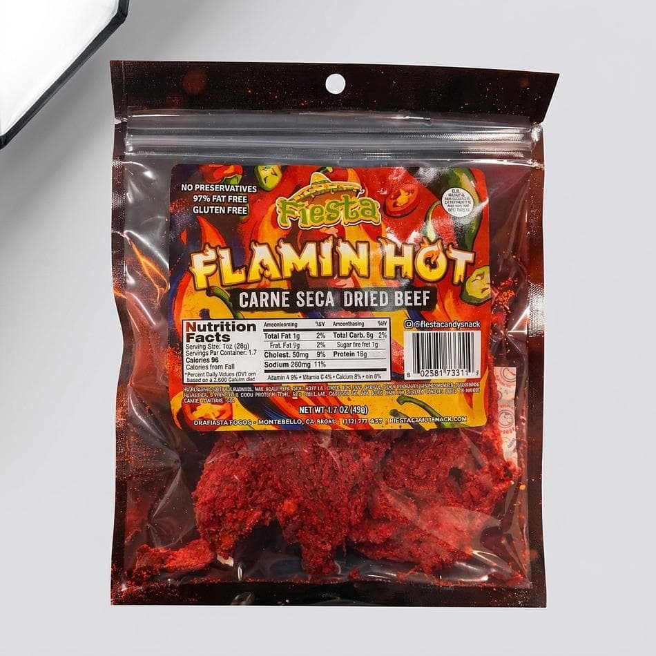 Crunchy Carne Seca Beef Jerky, Flamin’ Hot Chili Pepper Spice, Ultra-Crispy Thin Slices, Spicy Protein Snack, 1 Bag