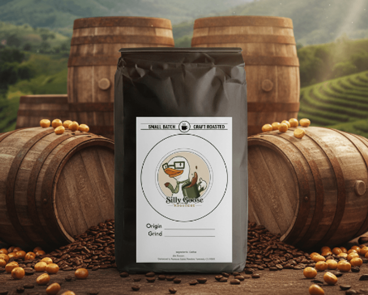Whiskey Barrel Aged Dark Roast Coffee, Guatemalan Single Origin, Smoky Vanilla & Oak Notes, Roasted to Order, 12oz Bag.  ***LET US KNOW IF YOU PREFER WHOLE BEANS OR STANDARD GRIND***