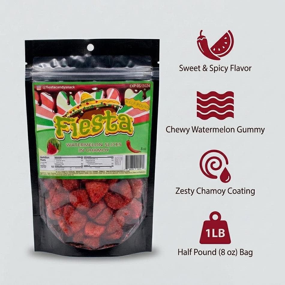 Chamoy Watermelon Slice Gummies, Watermelon Flavor, Sweet & Spicy Snack Candy, Half Pound (8 oz) Bag