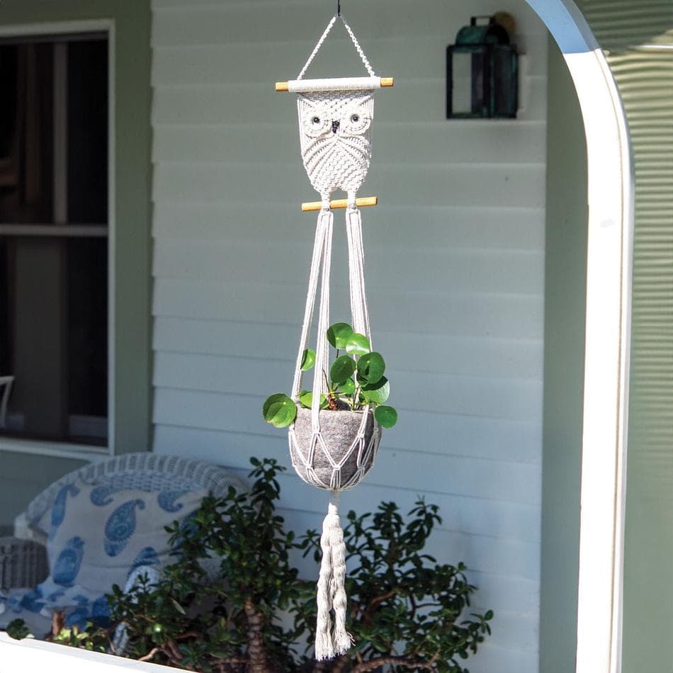 Macramé Plant Hanger, Natural Cotton Owl Design, Boho Indoor Planter Holder, Handmade Fair Trade, 36 in
