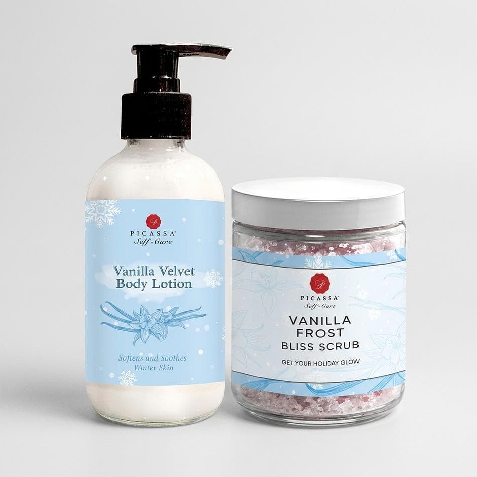 Vanilla Body Care Gift Set, Body Scrub + Body Lotion, Cozy Winter Moisturizing Self-Care Box, 2-Piece Bundle