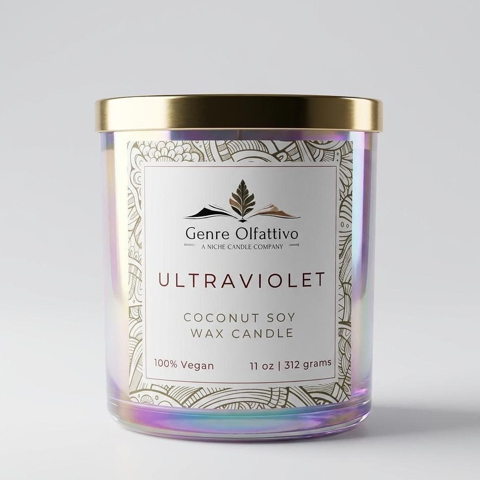 Ultraviolet, Violet & Rose + Amber & Vetiver, Dark Floral Ambience, 12 oz Iridescent Glass Jar w/ Gold Lid