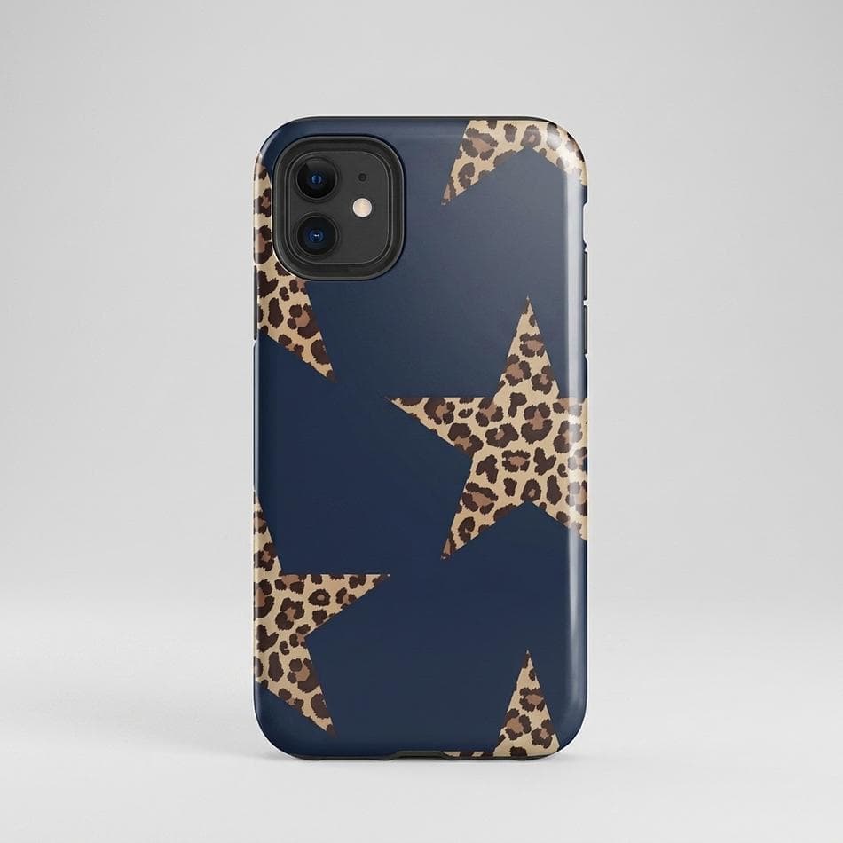 Dual-Layer iPhone Case, Polycarbonate + TPU, Navy Leopard Star Print, Shock Protection, Glossy/Matte, iPhone 11–17