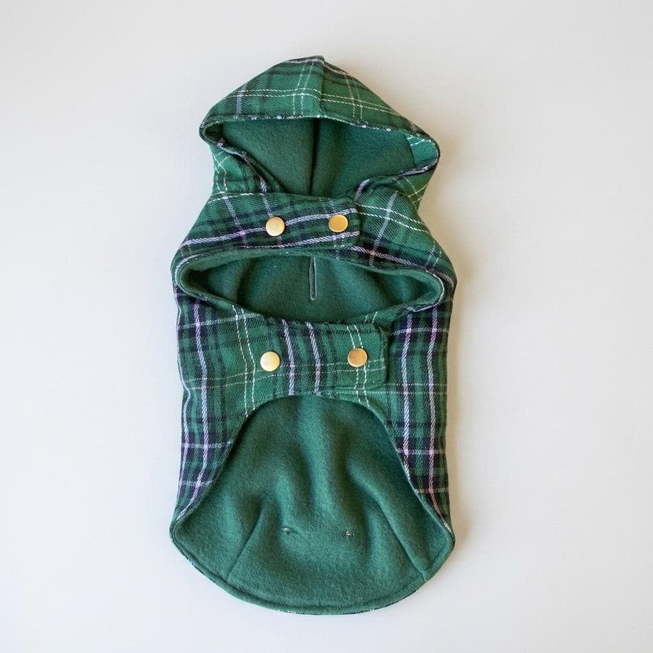Dog Fleece Winter Coat, Green Plaid Flannel & Fleece, Warm Snap-On Jacket, Leash Opening, XS–XXL