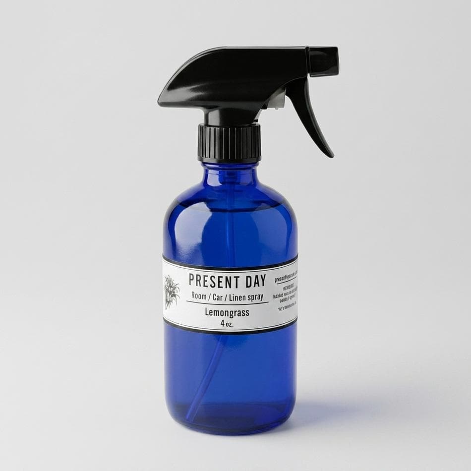 Lemongrass Room & Linen Spray, Water + Witch Hazel/Alcohol, Crisp Fresh Scent, 4 oz Blue Glass Bottle