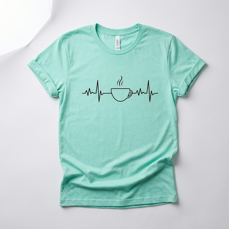 Coffee Heartbeat Graphic T-Shirt, Ring-Spun Cotton Coffee Cup EKG Tee, Unisex Crewneck, XS–3XL