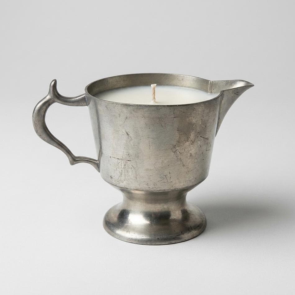 Pewter Creamer Soy Candle, Spiced Oat Milk, Cozy Gourmand Scent, 6 oz Vintage Repurposed Vessel