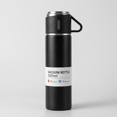 Stainless Steel Vacuum Flask Set, 500ml, Hot/Cold 12-Hour Insulation, Leakproof Push-Button Pour, Bottle + 2 Cups