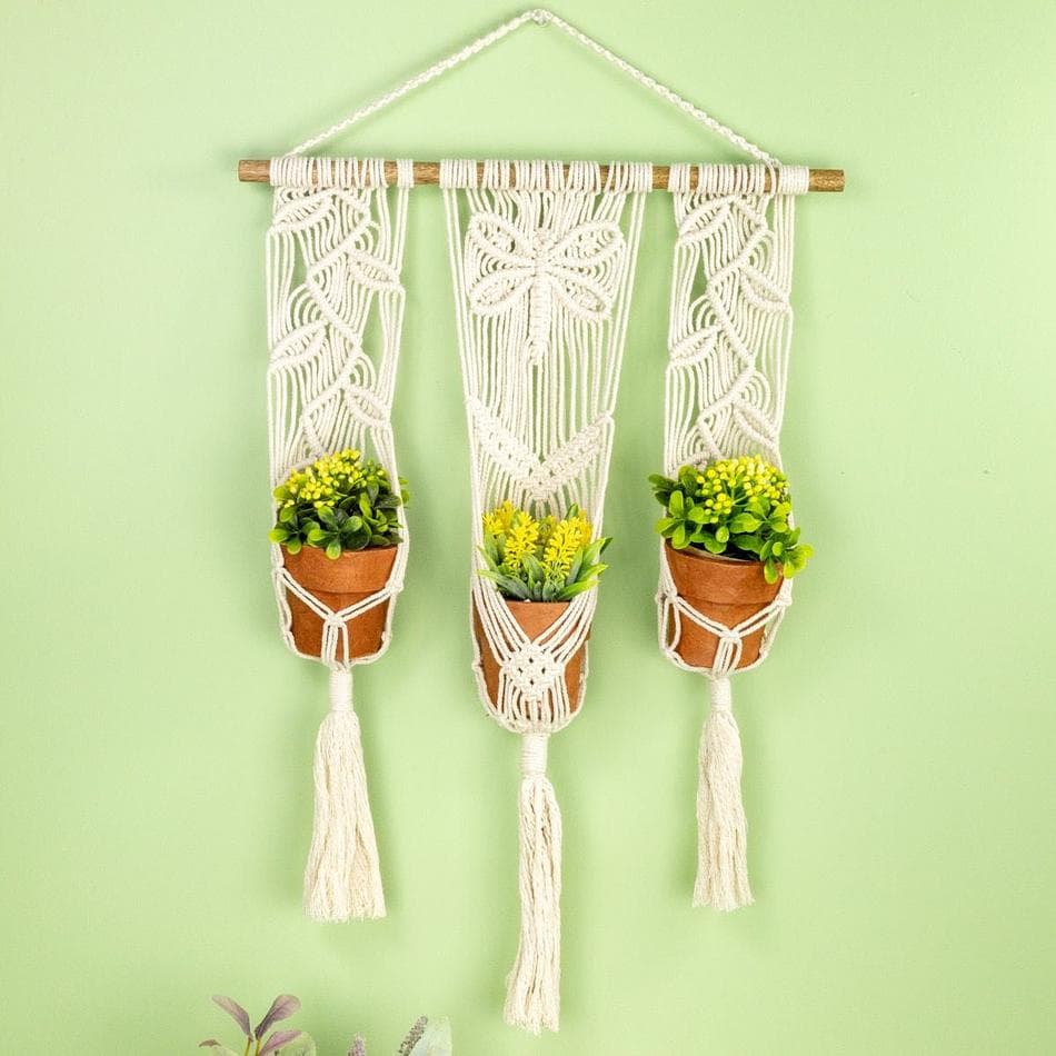 Triple Macrame Plant Hanger, Natural Cotton, Wall Mounted 3-Pot Display for Small Planters, 26x13 in