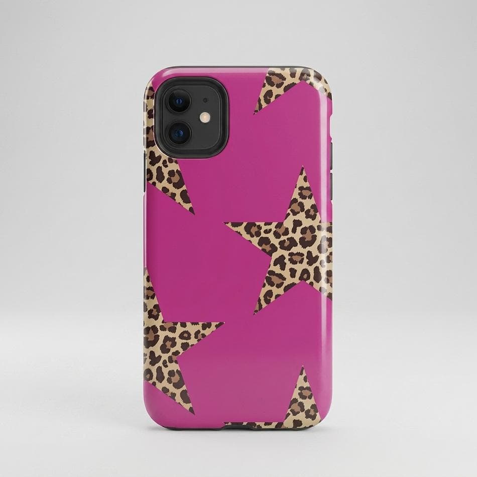 Tough iPhone Case, Polycarbonate + TPU, Dual-Layer Drop Protection, Hot Pink Cheetah Stars Print, Glossy/Matte