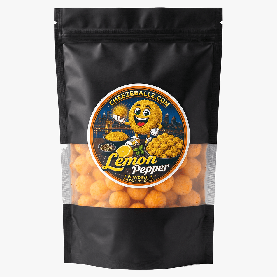 Lemon Pepper Cheese Balls Snack, Tangy Citrus & Black Pepper Seasoning, Gluten-Free Crunchy Puffs, Resealable Pouch 4 oz