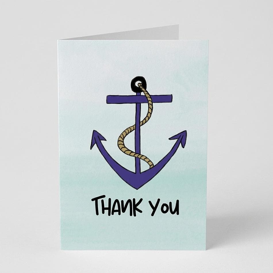 Nautical Thank You Greeting Card, Anchor Illustration, 100% Recycled Paper, Blank Inside, A2 Folded Card + Kraft Envelope
