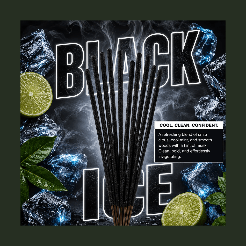 Hand-Dipped Incense Sticks, Black Ice Citrus Woods & Musk, Clean Long Burn, 20-Pack 10 Inch Sticks