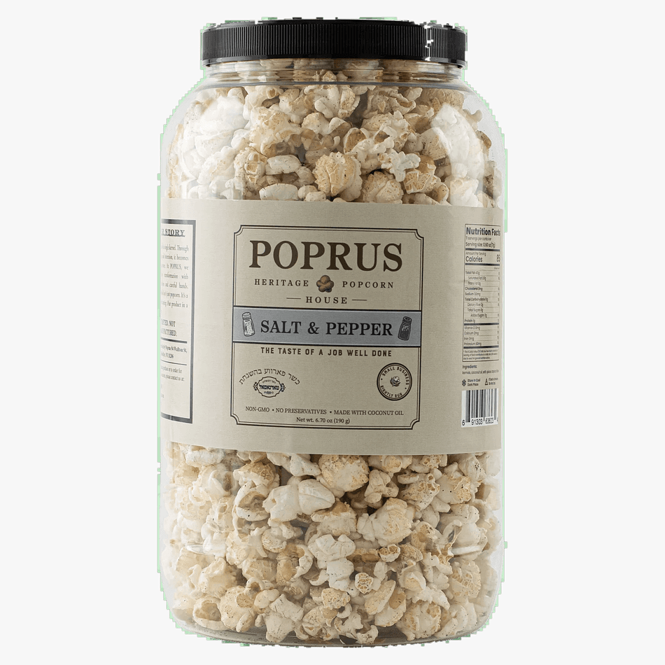 Salt & Pepper Popcorn, Sea Salt & Cracked Black Pepper, Kettle-Popped in Coconut Oil, Kosher Dairy-Free, 6.70 oz Jar