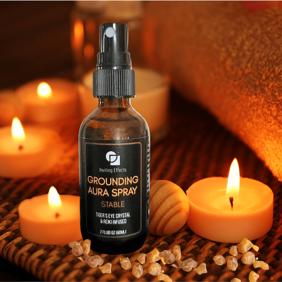 Grounding Aura Spray, Tiger Eye Crystal & Frankincense Myrrh Vetiver, Calm Focus Mist, 2 oz Glass Bottle