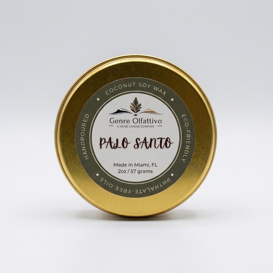 Palo Santo Tin Candle, Coconut Soy Wax, Warm Wood & Incense Scent, 2 oz Sample, Single Wick Travel Candle