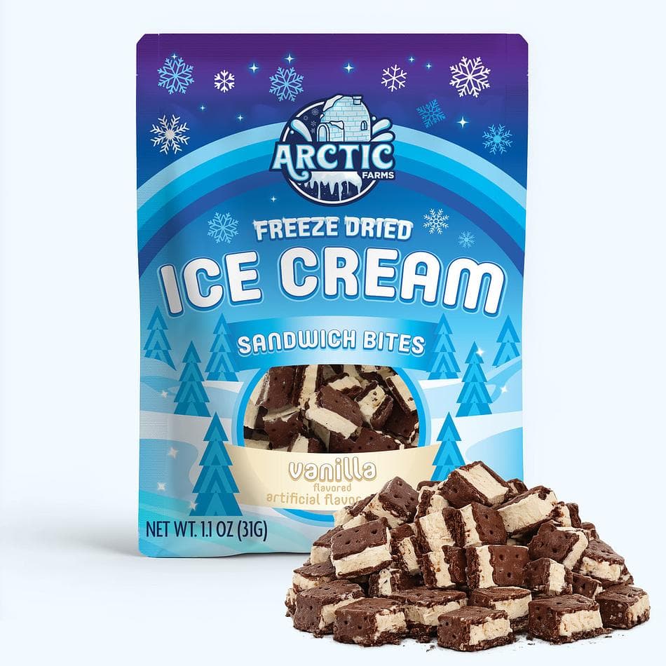 Freeze-Dried Ice Cream Sandwich Bites, Vanilla, Real Ice Cream, Crunchy No-Melt Snack, Pack of 3 Resealable Bags (1.1 oz each)