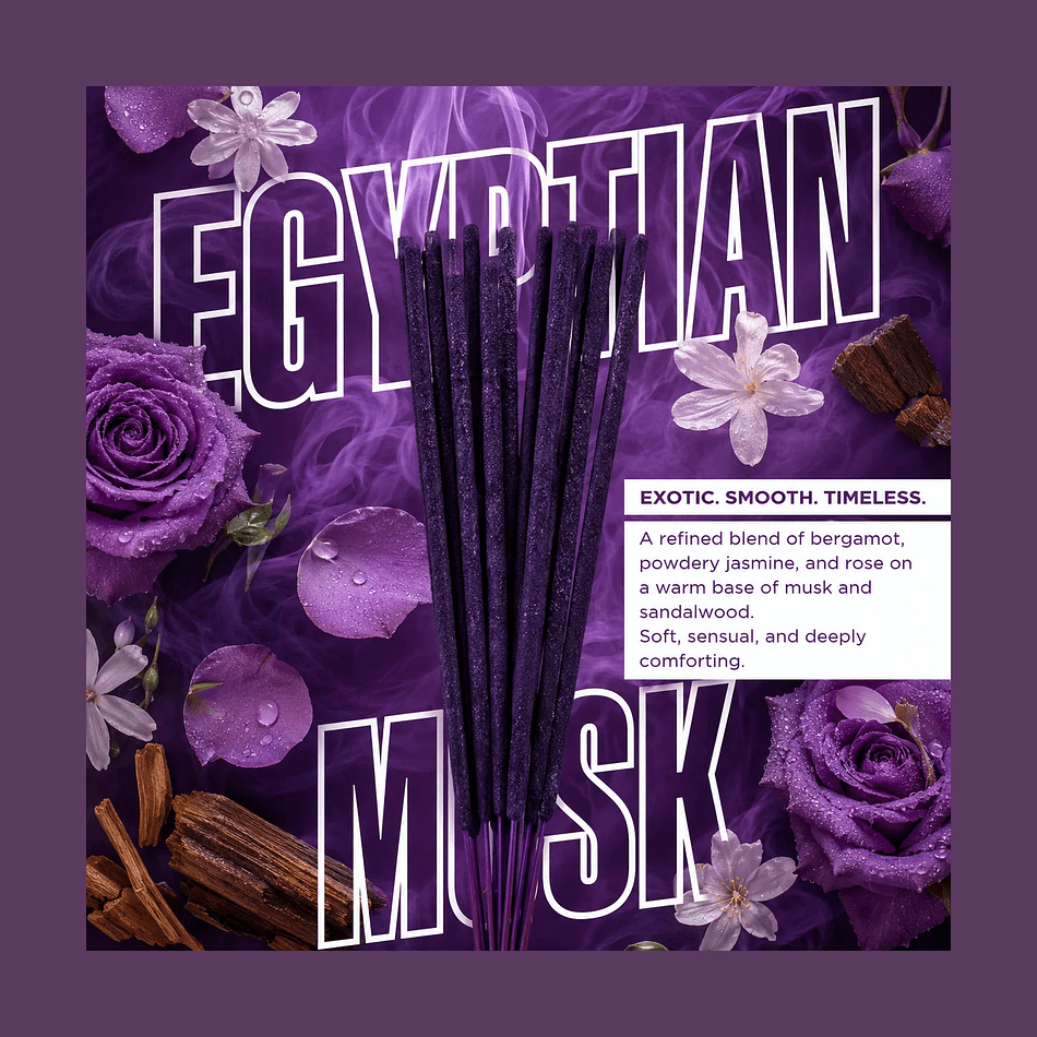 Egyptian Musk Incense Sticks, Bamboo Core & Fragrance Oil, Soft Musky Floral Scent, 20 Count, 10-Inch Slow Burn