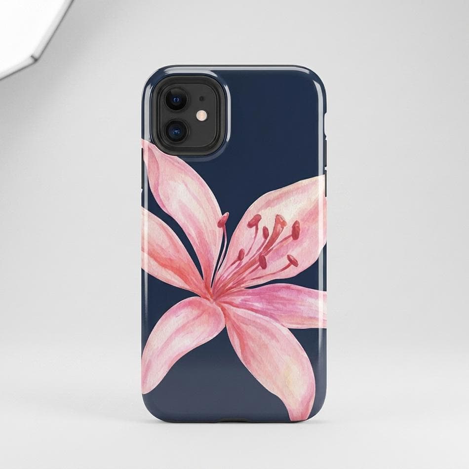 Dual Layer iPhone Case, Polycarbonate + TPU, Blue & Pink Tiger Lily Floral, Slim Protective Cover, Glossy/Matte
