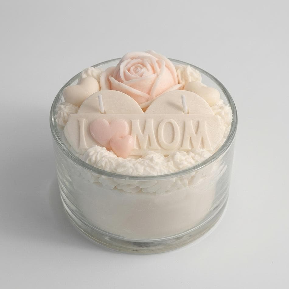 Mother’s Day Soy Candle, Cherry Blossom, “I Love Mom” Topper & Pink Rose, Dual Wick, 18 oz, 75+ Hr Burn