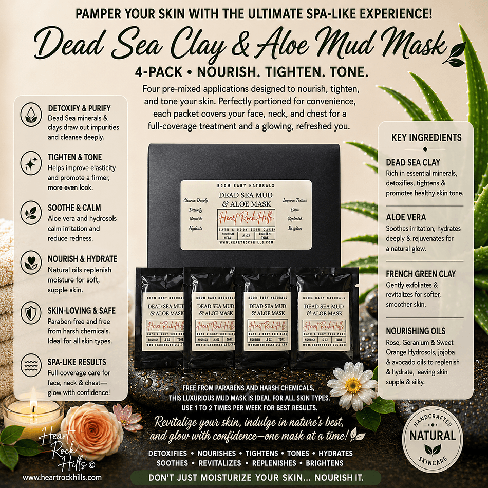 Dead Sea Clay Facial Mud Mask, Aloe Vera & French Green Clay, Detox + Glow, 4-Pack Pre-Mixed Single-Use Packets