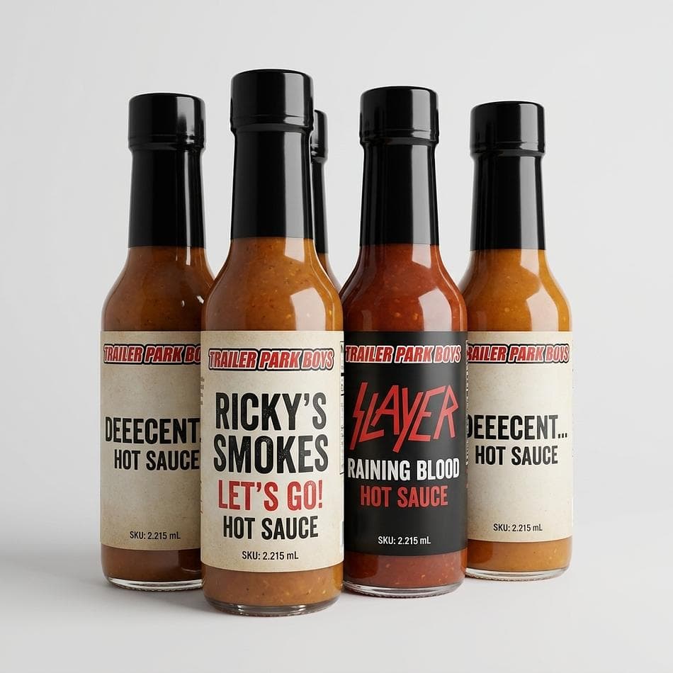 Licensed Hot Sauce Variety Pack, Habanero + Scotch Bonnet + Ghost Pepper Heat, 6-Pack 5oz Bottles (Slayer/Fallout/Trailer Park Boys)