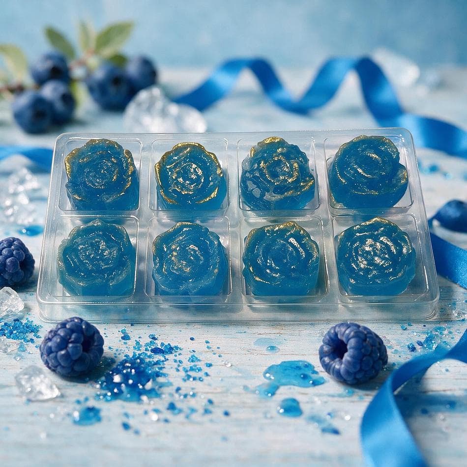 Japanese Crystal Candy (Kohakutou) Roses, Blue Raspberry, Crunchy Shell Chewy Center, Edible Gold Dust, 8-Piece Gift Box