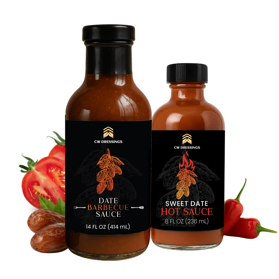 BBQ Sauce & Hot Sauce Variety Pack, Date Syrup Sweetened, Sweet Heat Flavor, 2-Pack (Date BBQ + Sweet Date Hot Sauce)