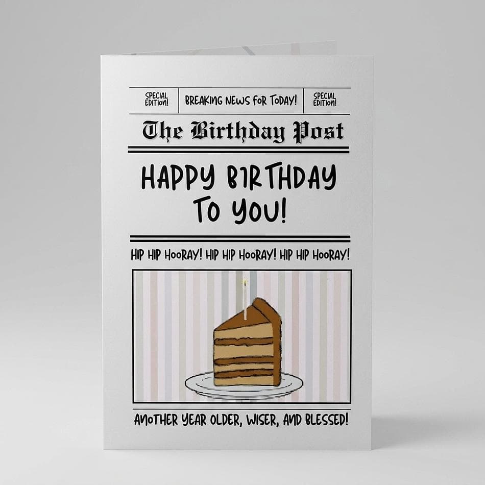 Birthday Greeting Card, 100% Recycled Paper, Blank Inside, A2 4.5x5in Folded, Kraft Envelope Included