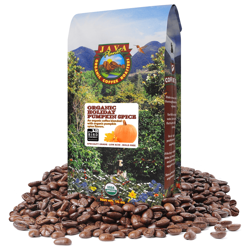 Java Planet Pumpkin Spice Organic Flavored Coffee – Medium-Dark Roast, Low Acid, Bird Friendly®, Whole Bean, 1 lb