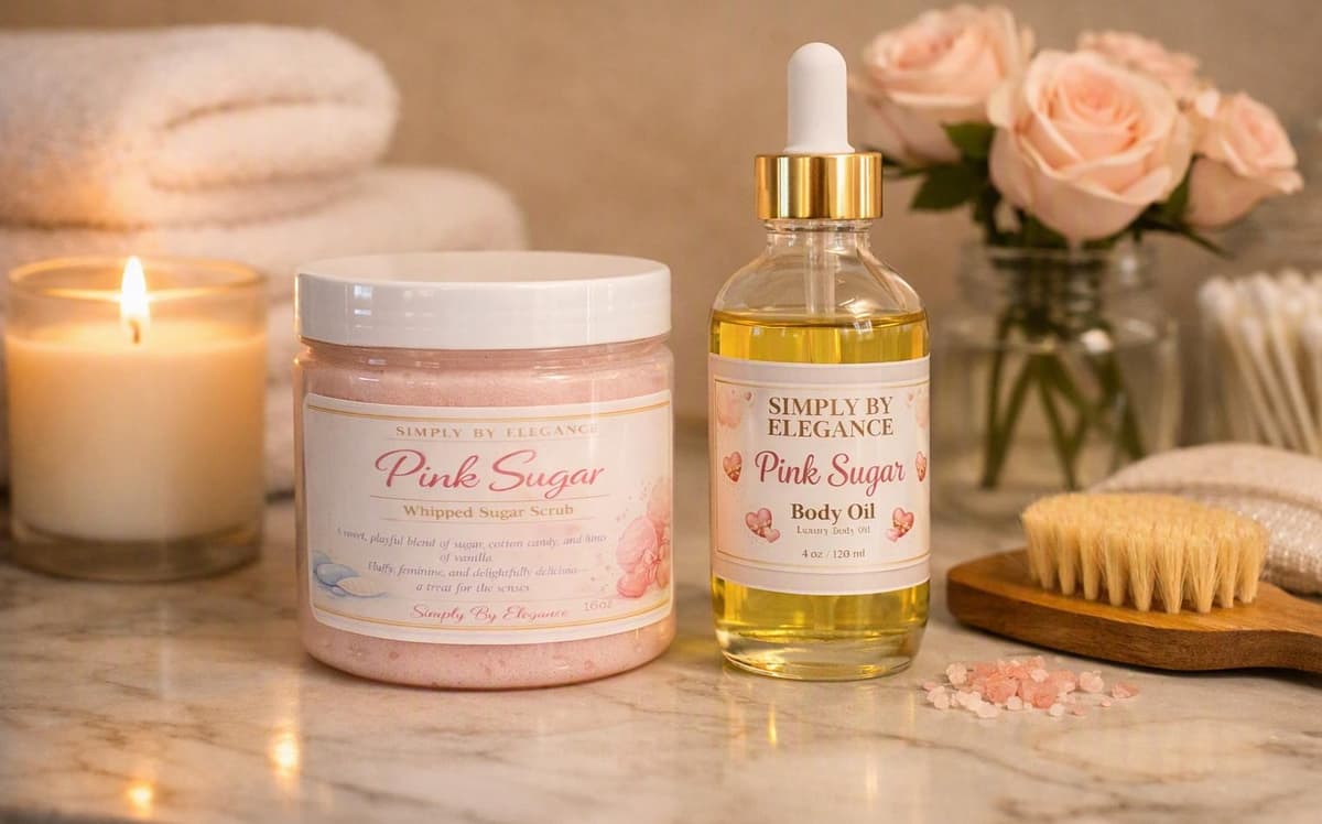Pink Sugar Duo Set – 15oz Whipped Sugar Scrub & 4oz Hydrating Body Oil | Exfoliating + Moisturizing Body Care