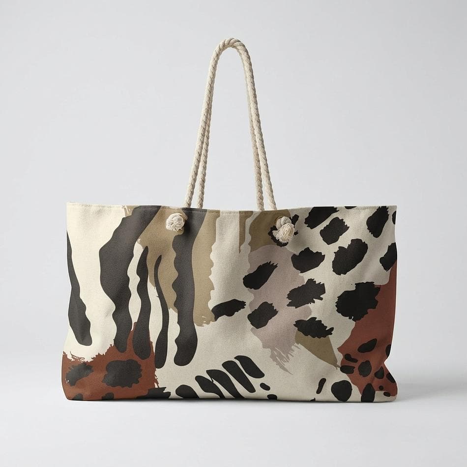 Weekender Tote Bag, Spun Polyester Animal Print, Neutral Safari Travel & Beach, Rope Handles, 24x13 in