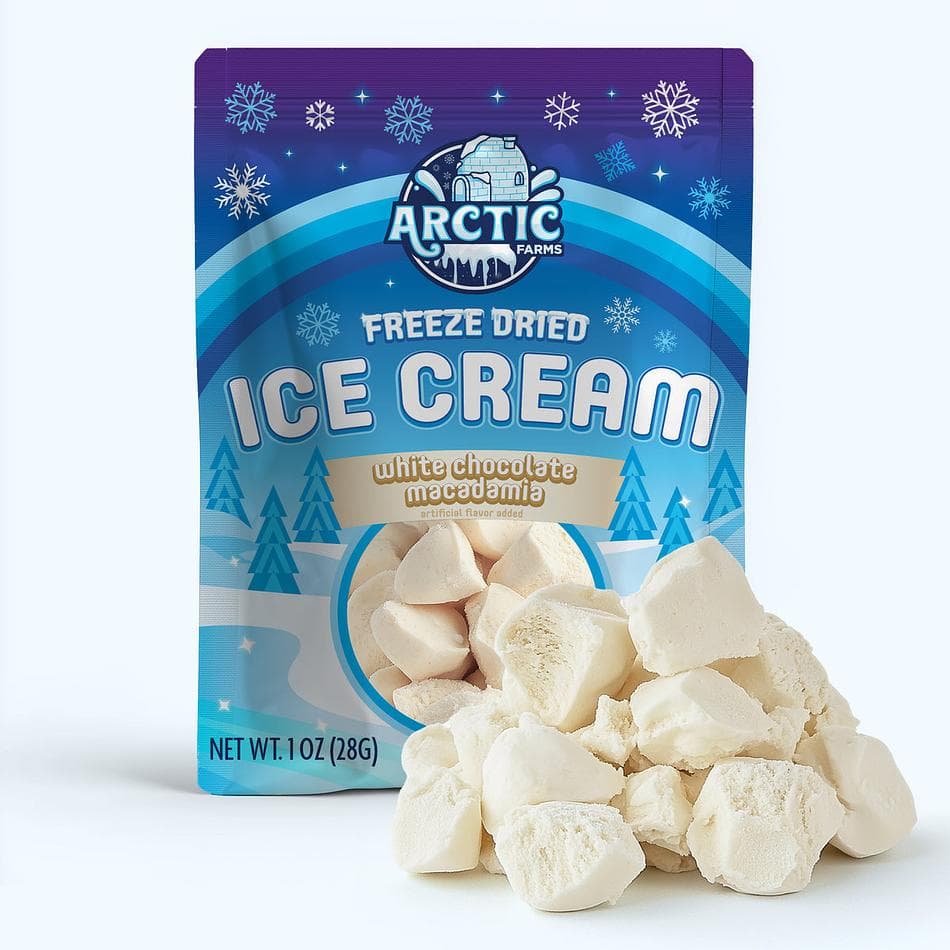 Freeze-Dried Ice Cream Bits, White Chocolate Macadamia, No-Melt Crunchy Snack, Shelf-Stable, Resealable Bag (1 oz)