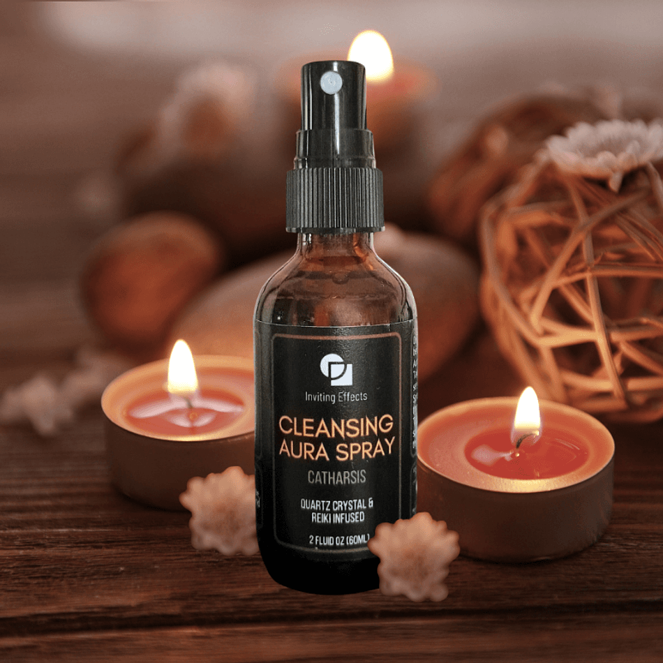 Aura Cleansing Spray, Sage & Tea Tree + Frankincense & Lemon, Crystal-Infused Energy Clearing Mist, 2 oz Glass Bottle