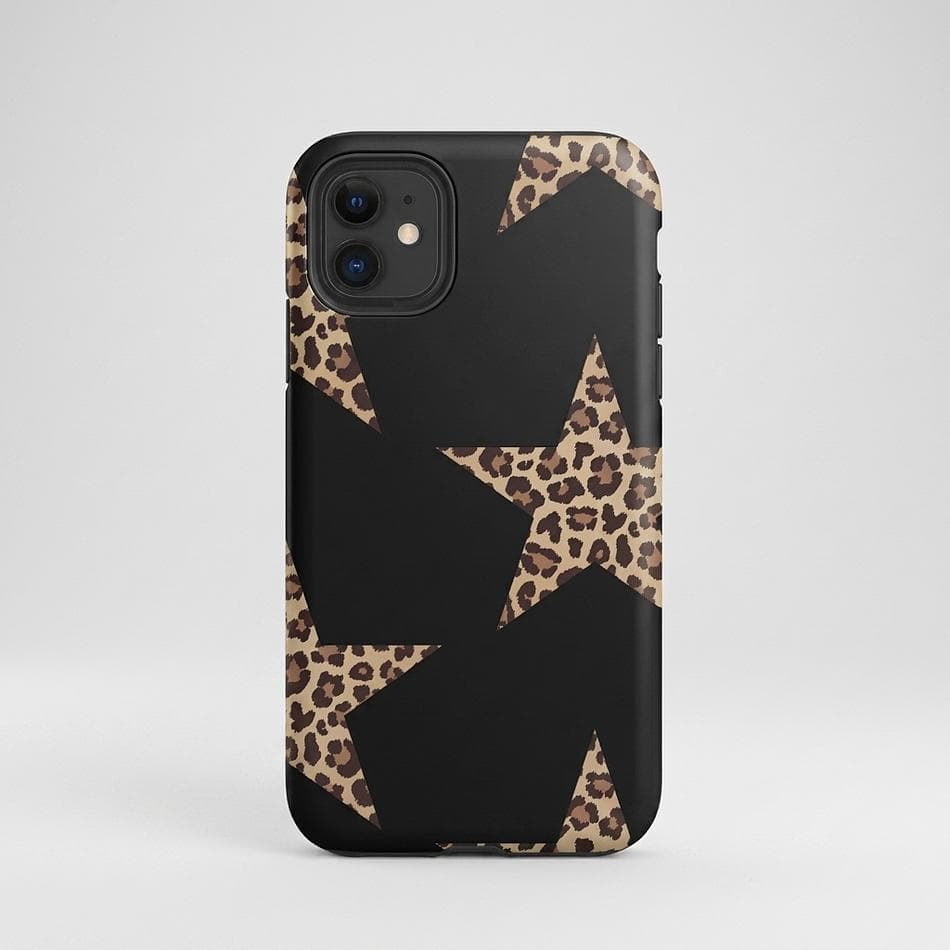 Dual Layer iPhone Tough Case, Polycarbonate + TPU, Leopard Star Y2K Preppy Design, Glossy/Matte, iPhone 11–17