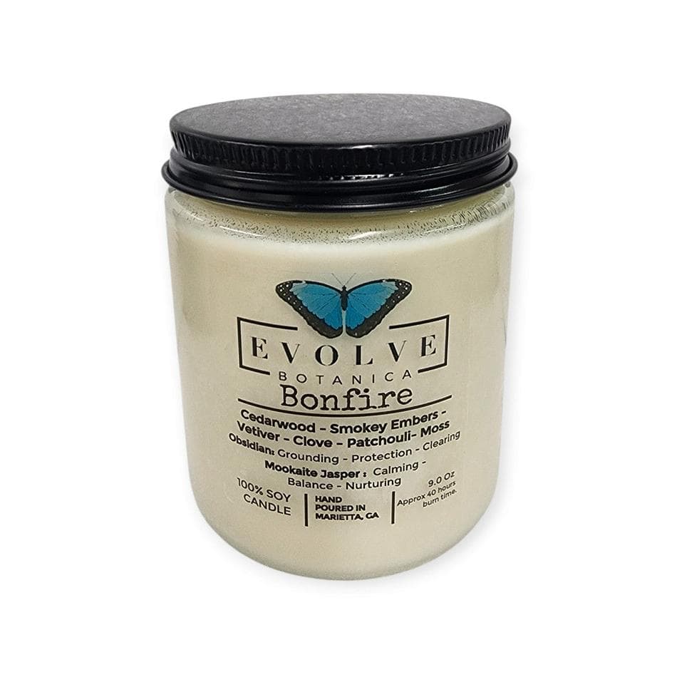 Crystal Soy Candle, Cedarwood & Smoky Embers, Bonfire Scent, Obsidian + Mookaite, 9oz Jar, 40 Hr Burn, Wood Wick Option