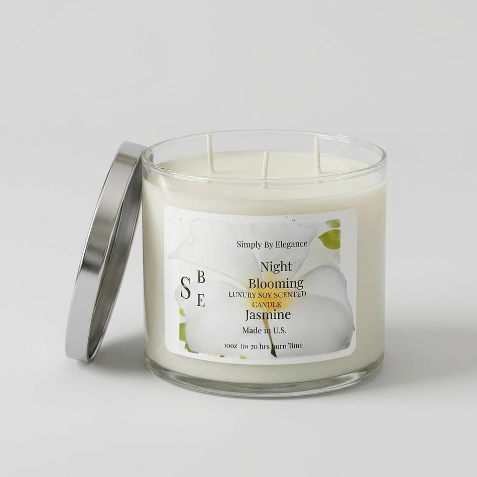 Soy Candle Ritual Set, Night-Blooming Jasmine, White Sage Smudge Bundle & Selenite Wand, 15 oz Glass Jar, 60–70 hr