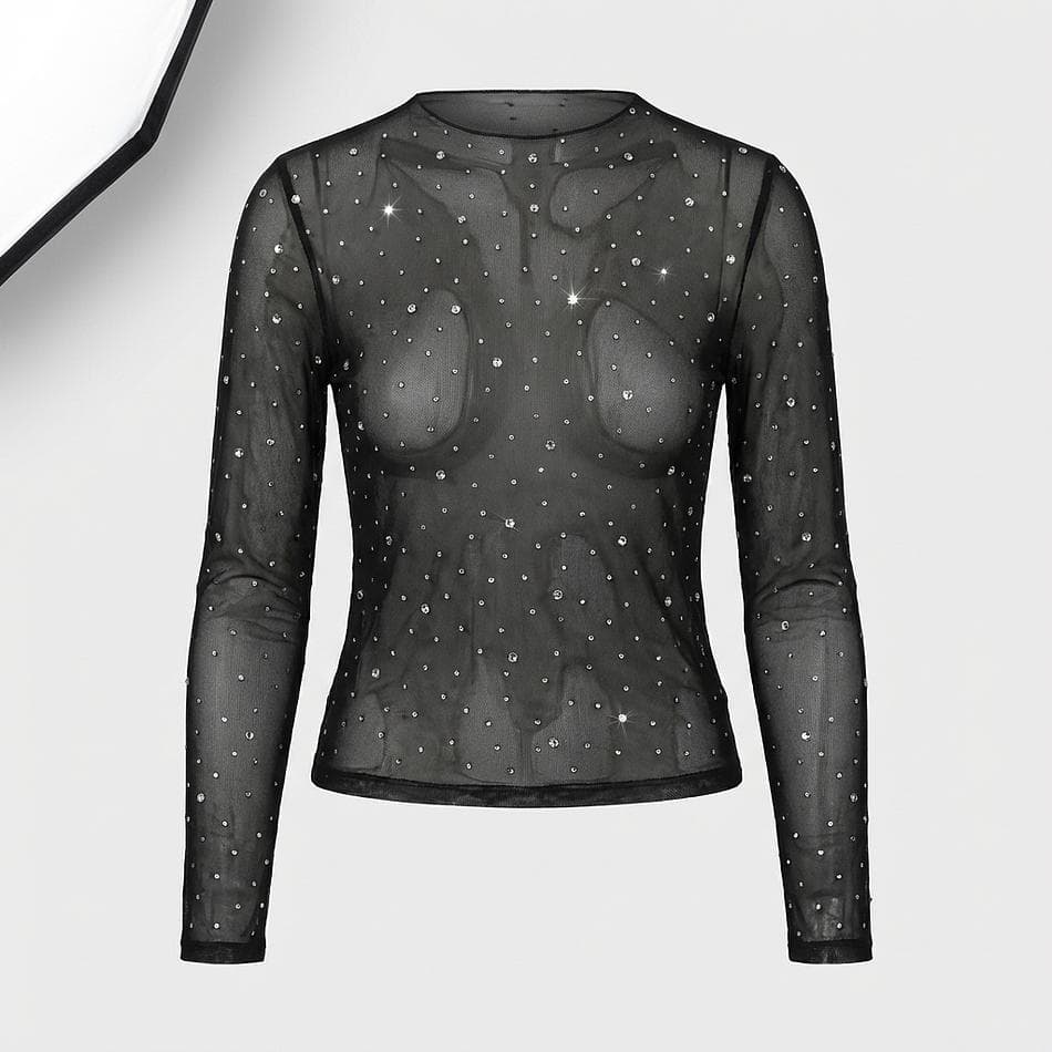 Sheer Mesh Rhinestone Top, Polyester & Elastane, Slim Fit Party Going-Out, Long Sleeve Stand Neck, Black, Sizes S-XL