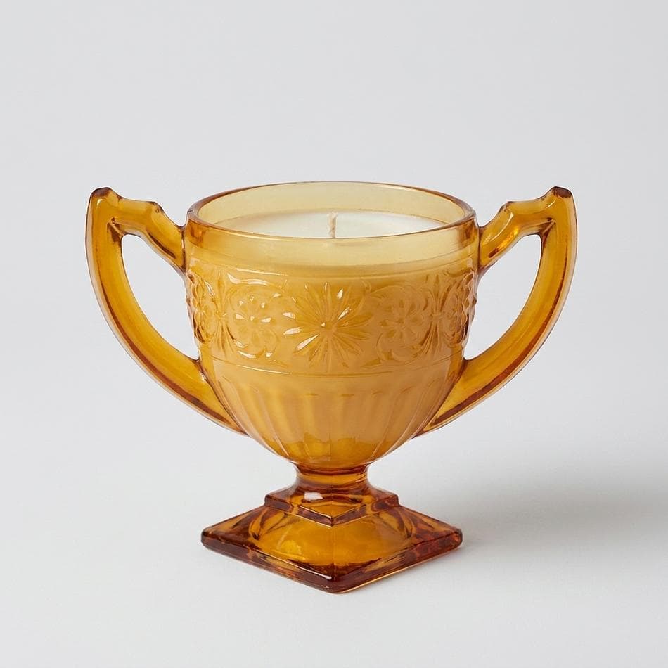 Vintage Amber Glass Soy Candle, Indiana Glass Daisy Pattern, Bourbon Butterscotch Scent, 5.6 oz Sugar Bowl Vessel