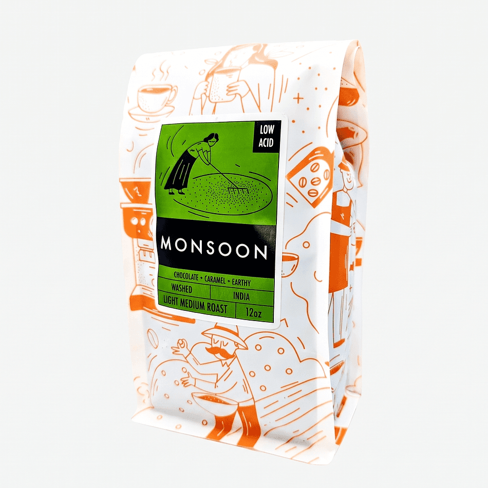 Monsoon India Coffee, Low-Acid Light-Medium Roast, Chocolate Caramel Earthy Notes, Washed Single Origin, 12oz Bag
