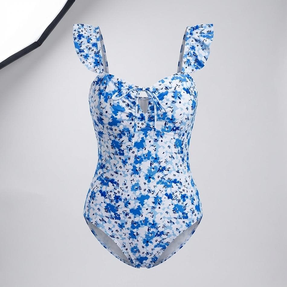 Floral Ruffle Strap One-Piece Swimsuit, Polyester & Elastane, Flattering Cutout Lace-Up Front, Removable Pads, Sizes S-XL