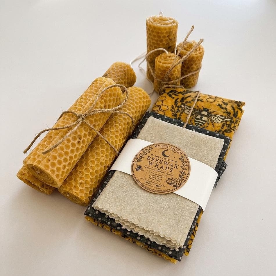 Beeswax Wrap Set + Hand-Rolled Beeswax Candles, Plastic-Free Food Storage & Cozy Home, 6 Wraps + 3 Candles, Bundle