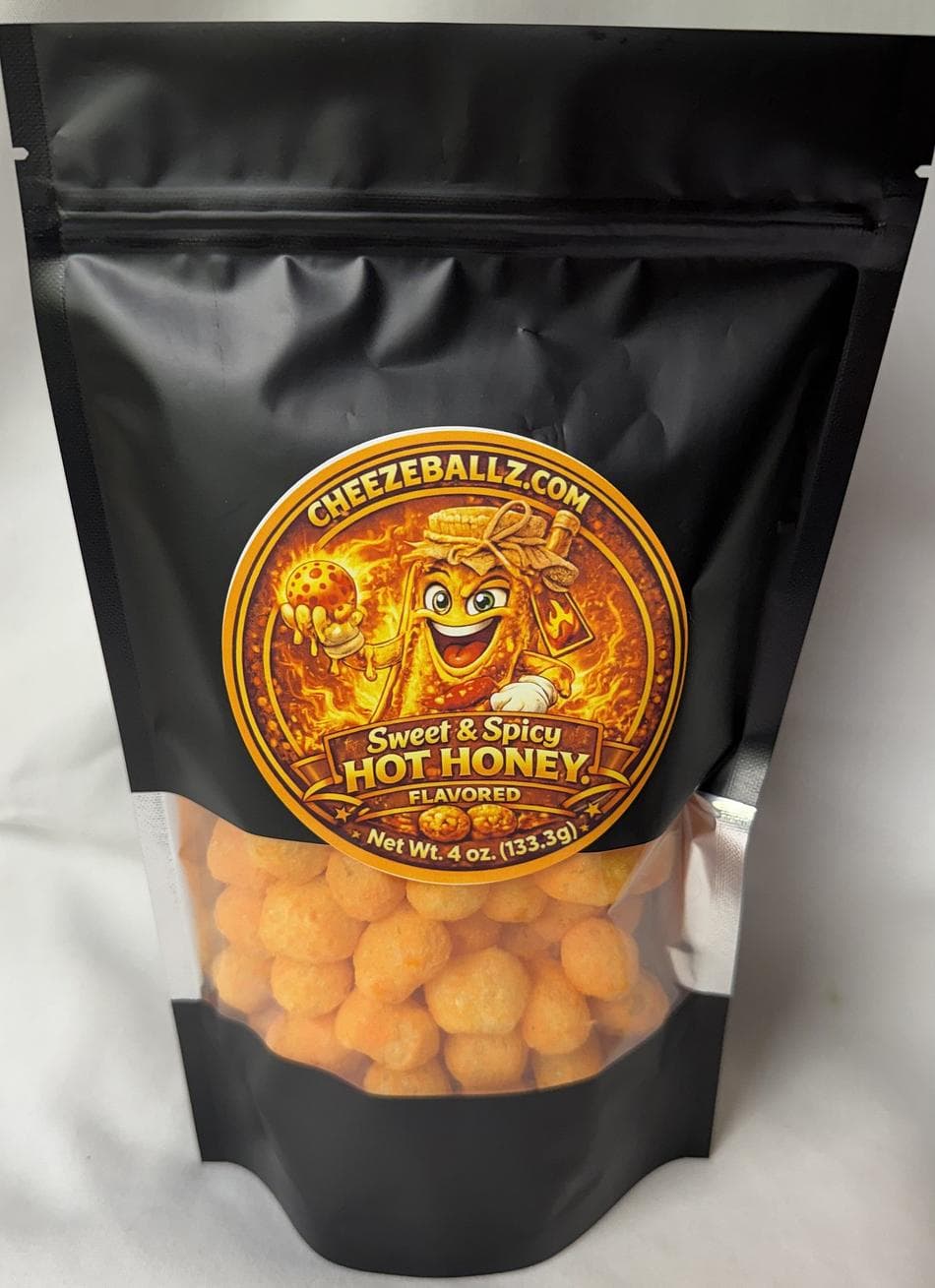 Hot Honey Cheese Balls Snack, Sweet & Spicy Seasoning, Gluten-Free Puffed Cheeze Ballz, Resealable 4 oz Pouch