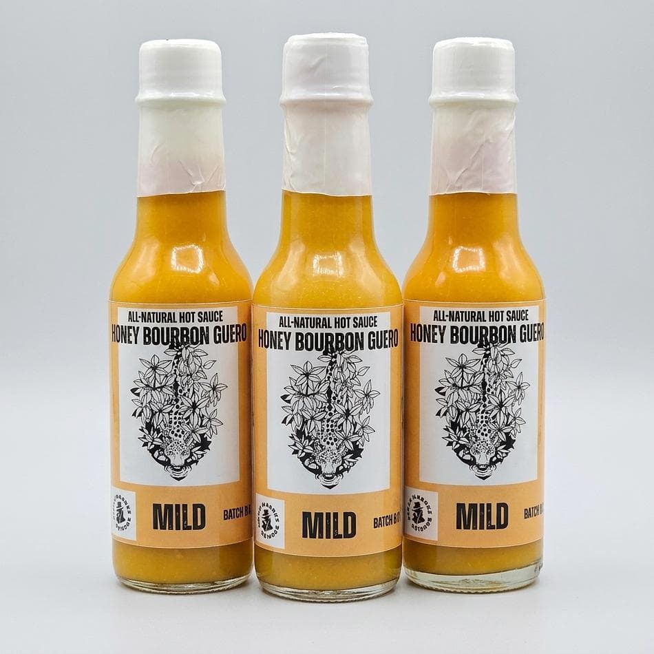 Honey Bourbon Hot Sauce 3-Pack, Guero & Habanero Peppers, Roasted Garlic, Mild Sweet Heat, Bundle Savings