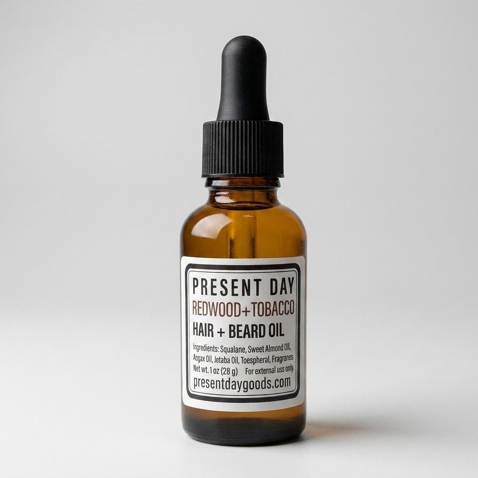 Beard & Hair Oil, Squalane + Argan, Softens & Adds Shine, Redwood Tobacco Scent, 1 oz Amber Glass Dropper