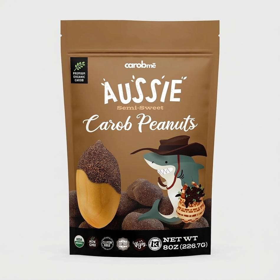 Organic Carob Covered Peanuts, Australian Carob Powder, Chocolate Alternative Snack, Caffeine-Free, 8 oz Bag