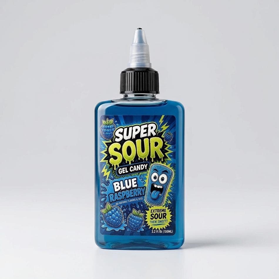 Super Sour Blue Raspberry Gel Candy, Blue Razz Flavor, Extreme Sour Squeeze Bottle, 100ml (3.4 fl oz)