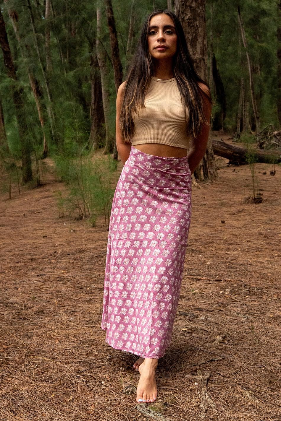 Hand Block Printed Cotton Wrap Maxi Skirt, Amaranth Pink Leaf Floral, Adjustable One Size, Tie Waist