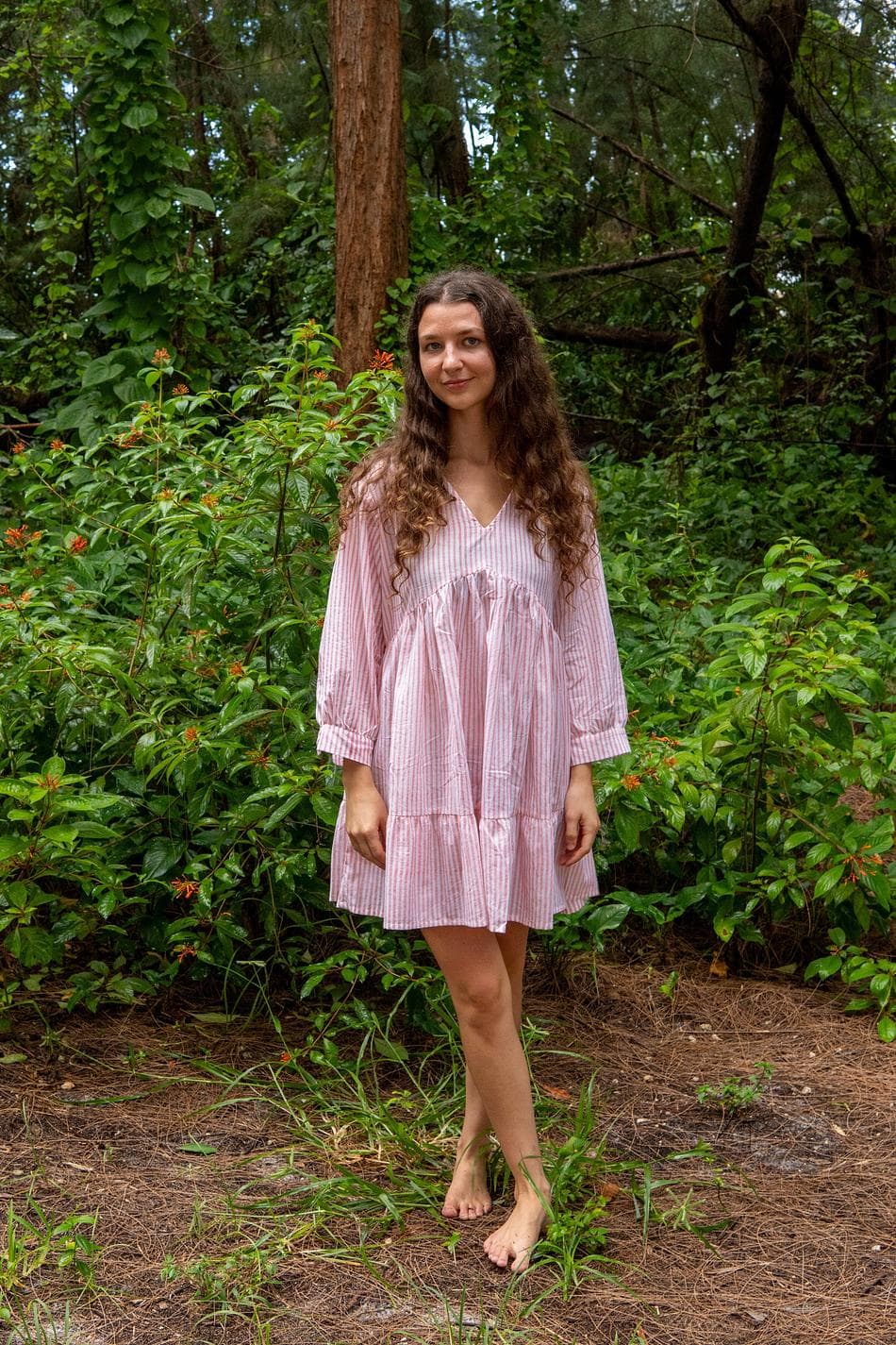 Hand Block Printed Cotton Midi Dress, Bagru Blush Stripe, Relaxed Fit, Women’s Summer Day Dress, 1 Dress